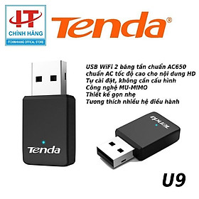Tenda U9 USB kết nối Wifi U9 chuẩn AC tốc độ 650Mbps - Hàng Chính Hãng
