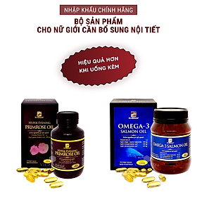 Bộ sản phẩm giúp bổ sung cân bằng nội tiết tố nữ gồm: viên uống bổ sung nội tiết tố nữ HYPER EVENING PRIMROSE OIL và viên omega 3 dầu cá hồi OMEGA 3 SALMON OIL