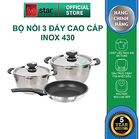 Bộ nồi inox và  chảo chống dính Fivestar Standard chống nóng nắp inox 3 đáy từ tặng 2 vá canh (1 nồi 16cmx 1 nồi 20cm và 1 chảo 22cm )