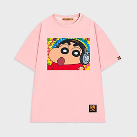 Áo thun tay lỡ nam nữ áo phông trơn unisex in hình cậu bé bút chì Shin Chan đeo headphone