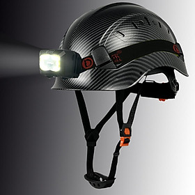 Carbon Fiber Pattern Safety Helmet With Led Head Light CE EN397 ABS Hard Hat ANSI Industrial Work At Night Head Protection Color: MTBlack Hat Bk Light