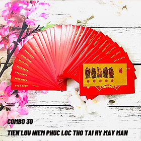 Combo 30 tờ lì xì Phúc Lộc Thọ Tài Hỷ màu vàng may mắn, chất liệu nhựa plastic, dùng để treo trong nhà, trên cây hoa mai, làm tiền lì xì, mừng tuổi, quà biếu tặng dịp Lễ Tết đầy may mắn và ý nghĩa - TMT Collection - SP005146