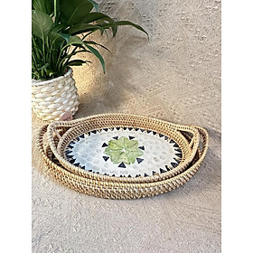 Mua Khay mây khảm trai bầu dục có tay cầm ONGTRE đựng đồ đa năng  cao cấp  decor - OTB5