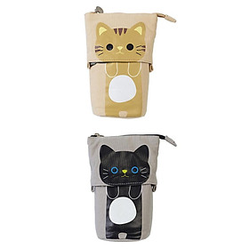 2Pcs Canvas Cute Cat Pencil Case Flexible with Zipper Gifts for Girls School