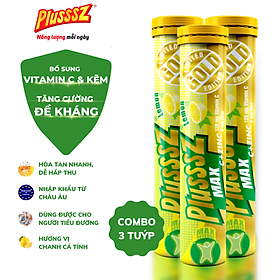 {COMBO3TUYP} Viên sủi Plusssz Max Vitamin C & ZinC vị chanh không đường bổ sung vitamin C và kẽm dạng hòa tan, dễ hấp thu hỗ trợ đề kháng, vững vàng sức khỏe (Tuýp 20 viên sủi)