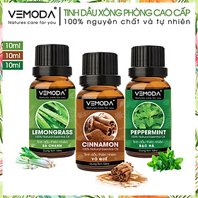 Tinh dầu xông phòng cao cấp gồm 3 chai tinh dầu nguyên chất: tinh dầu Sả chanh (10ml) + tinh dầu Vỏ quế (10ml) + tinh dầu Bạc hà (10ml) Vemoda