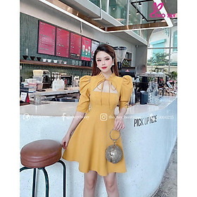 Đầm váy nữ cổ tàu tay phồng ngực phối nơ sang trọng from dáng xòe thời trang nữ cho quý cô dự tiệc, dạo phố xinh xắn
