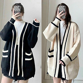 Hình ảnh Áo khoác cardigan len viền sọc có túi thơi trang