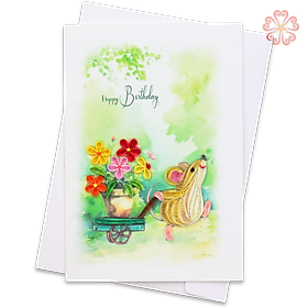 Thiệp Giấy Xoắn Nghệ Thuật - Thiệp Chúc Mừng Sinh Nhật Chuột Keo Xe Hoa - Happy Birthday Mouse With Flower Cart Card - Happy Birthday - Việt Net - VN2NN111050E1 - 11.5 x 16.5