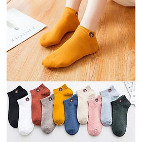 tất nữ cổ ngắn trơn màu basic họa tiết gấu brow đáng yêu , giao màu ngẫu nhiên ( 1 đôi tất)