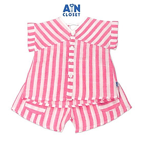 Bộ quần áo ngắn bé gái họa tiết Kẻ hồng trắng linen cotton - AICDBGWIKHKS - AIN Closet