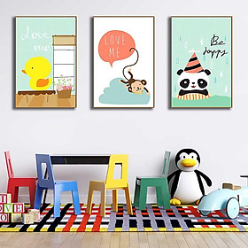 Bộ 3 tranh canvas trang trí phòng trẻ em Vịt con, Khỉ và Gấu trúc cute - TTE006