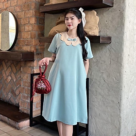 Đầm bầu công sở cổ sen phối nơ chất cotton lạnh phom suông gọn dáng thanh lịch - Xanh đậu