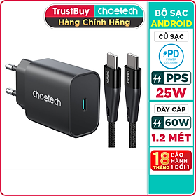 Combo Củ Sạc Nhanh PPS PD 25W CHOETECH PD6003 Và Cáp Type C 60W Dài 1.2m XCC-1003 Cho Điện Thoại Samsung, Oppo, Vivo, Xiaomi - Hàng Chính Hãng
