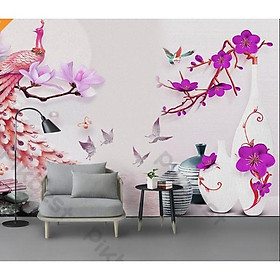 Tranh dán tường Bình bông hoa anh đào và chim công nghệ thuật, Tranh dán tường 3d hiện đại (tích hợp sẵn keo)n MS932760