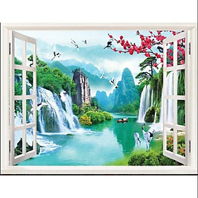 Tranh dán tường 3D cửa sổ phong cảnh sơn thủy