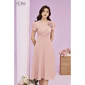 Đầm xòe hoa cuốn AC&M chất liệu lụa trượt cao cấp - màu hồng