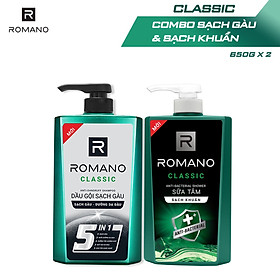 Combo Dầu gội sạch gàu và sữa tắm sạch khuẩn Romano Classic 650g/chai