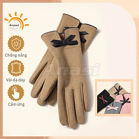Găng tay chống nắng/ mùa đông cho nữ Anasi OLV14 đính nơ da - Vải dày dặn, tích hợp cảm ứng - Màu Nâu