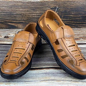 Giày lười nam da bò thật, thiết kế mùa hè thoáng mát hàng Việt xuất xịn- HS063 nâu huy hiệu