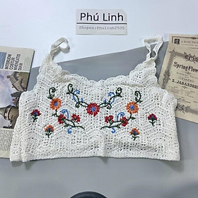 MS574 Áo hai dây đan móc đi biển thêu hoa, mix váy áo