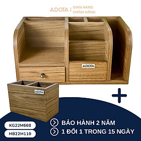 Mua Combo: Kệ gỗ để bàn và hộp cắm bút đôi bằng gỗ để bàn làm việc cao cấp phong cách sang trọng ADOTA