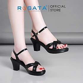 Giày sandal cao gót nữ ROSATA RO566 mũi tròn xỏ ngón phối dây quai hậu cài khóa dây mảnh gót cao 6cm màu đen - Đen
