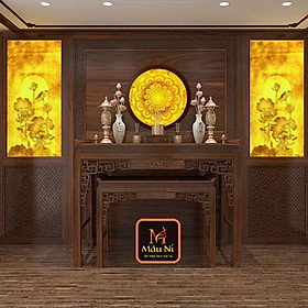 Mua Bát thờ đẹp cần Tranh trúc chỉ in MÂU NI  Combo 2 vách 48x153cm sen hội tụ + đèn tròn 60cm sen trăng