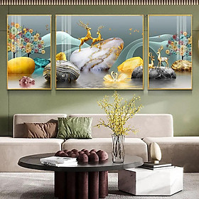 Mua Tranh Tráng Gương Sang Trọng Treo Tường Trang Trí - Tranh Bộ 3 Cặp Hươu Bên Hồ