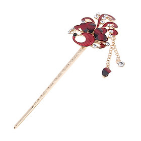 Chinese Hair Stick Hair Decor Flower Crystal Wedding Party Hairpin Red