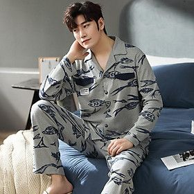 2228 - Bộ Pijama nam dài tay cao cấp màu ghi phối họa tiết hình con cá độc đáo, vải cotton 100% mềm thoáng, size L-3XL