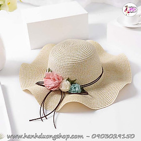 Nón cói bãi biển vành gợn sóng nơ 3 hoa HQC4114