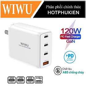 Adapter củ cóc sạc nhanh 120W đa năng 4 in 1 gồm 1 USB A và 3 PD Type-C hiệu WIWU Mini GaN Quick Charger chuẩn sạc nhanh PD 3.0 & QC 4.0 (công nghệ GAN + Silic, chip sạc thông minh, công nghệ tản nhiệt mới, chân cắm US-UK) - Hàng nhập khẩu