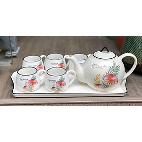 Mua Bộ ấm chén tròn kèm khay sứ pha trà trắng họa tiết cây nấm lá kim - ANTH009