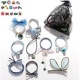 Sét 9 dây buộc tóc và kẹp xinh xắn, có kèm túi lưới phong cách Hàn Quốc, giao màu ngẫu nhiên+ Tặng kèm hình dán 