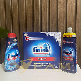 Combo Gel rửa bát Finish All in 1 Shine&Protect 650ml + Muối Finish 4kg + Nước làm bóng Finish 750ml