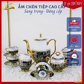 Bộ ấm chén uống trà cao cấp TÂN CỔ ĐIỂN Sang trọng, Gốm Sứ Tiệp Khắc, Ấm chén cao cấp mạ vàng 24K ACTN8, Ấm chén châu Âu