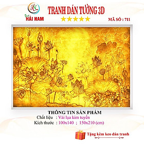 Tranh dán tường 3D phòng thờ hoa sen khổ lớn Vải lụa kim tuyến