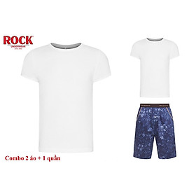 Combo 2 áo thun không đường may vải rip cotton 100% ROCK 5076 + 1 quần Short nam 5047 mạnh mẽ cá tính mặc nhà, tập gym