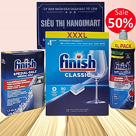 Combo muối rửa bát Finish 1,5kg+viên rửa bát Finish 120 viên+Nước làm bóng bát chén finish 800ml