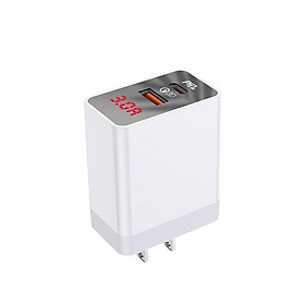 Cốc sạc 2 cổng Hoco DC28 Pro chân dẹp USB QC3.0 và Type-C PD18W, màn hình hiển thị điện áp (Trắng) HÀNG CHÍNH HÃNG