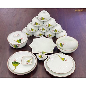 Set bát đĩa 19-20 món men kem, họa tiết đài sen. Gốm sứ Bát Tràng