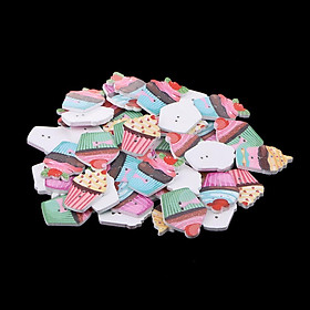 50 Pieces 2 Holes Wooden Buttons with Cake Patterns for Clothes Accessories