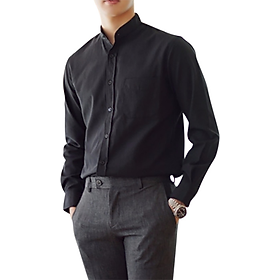 Áo sơ mi  nam màu đen cổ trụ cài hết cúc