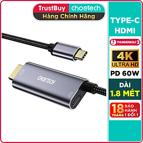 Hình ảnh Dây Cáp Chuyển Đổi Type C To HDMI 4K 60Hz CHOETECH XCH-M180 Dây Nylon Dài 1.8M, Tương Thích Thunderbolt 3 Dành Cho Macbook, Kèm Cổng Type C Sạc Nhanh 60W - Hàng Chính Hãng