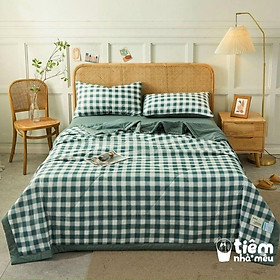 Bộ Chăn Ga Gối Cottton Tici m6/m8/2m- Tiệm MêuSet 4 Món Kẻ Basic Vintage Caro Cao Cấp