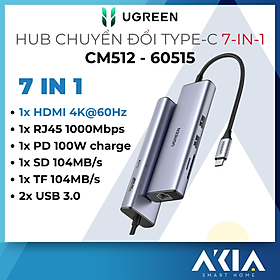 Hub Ugreen USB Type C 7 in 1 CM512 90568 / 60515 - Hỗ trợ HDMI 4K, Sạc PD 100W - HÀNG CHÍNH HÃNG - 60515