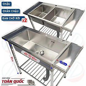 COMBO Chậu Rửa Chén Bát Có Kệ Chân Nhiều Kích Thước Lắp Thêm 2 Bàn Chờ Rộng Rãi - Gồm chậu, xi phông, kệ chân, 2 bàn rời