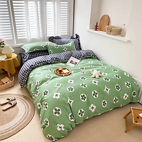 Bộ chăn ga gối cotton PL1 - Hoa Caro Xanh - TẶNG 01 MÓC KHÓA HOUSTON