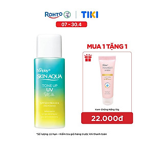Kem chống nắng nâng tông Skin Aqua Tone up Mint Green cho da trắng có khuyết điểm đỏ, dạng sữa Sunplay Skin Aqua Tone Up UV Milk Mint Green SPF 50+ PA++++ 50g